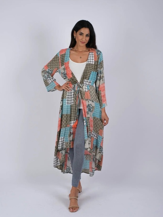 Sacred Threads Other - Sacred Threads Patchwork Print Long Kimono in Coral, Turquoise & Olive